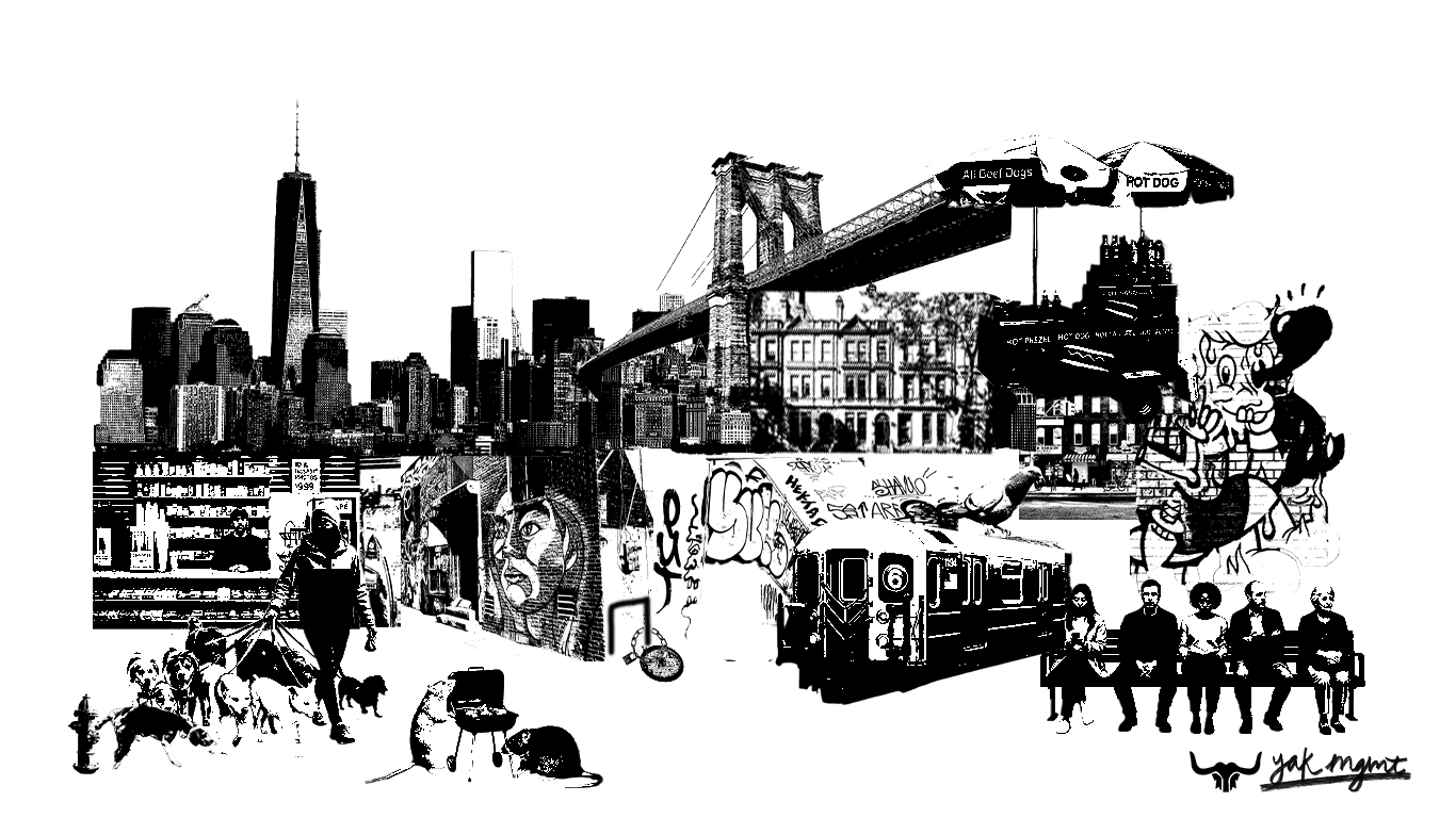 Illustrated collage of New York City — the Manhattan skyline, Brooklyn Bridge, subway, brownstones, and street life